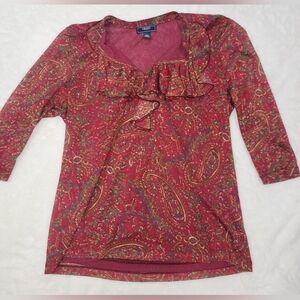 Chaps Red Ruffled Blouse with Three-Quarter Sleeves